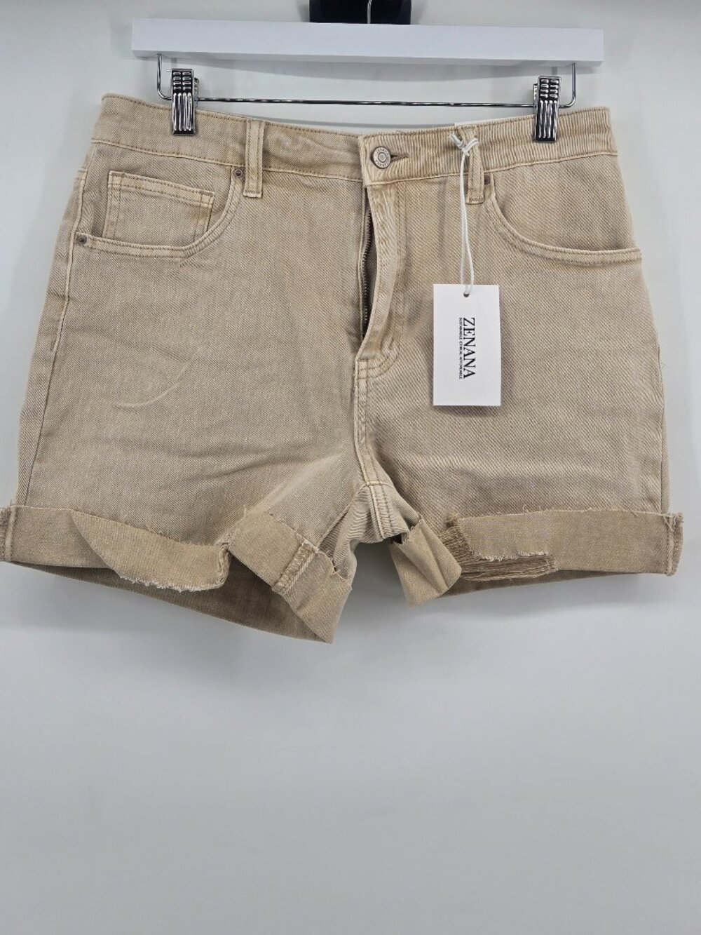 NWT Zenana Mid-Rise Distressed Denim Shorts - L Light Mocha